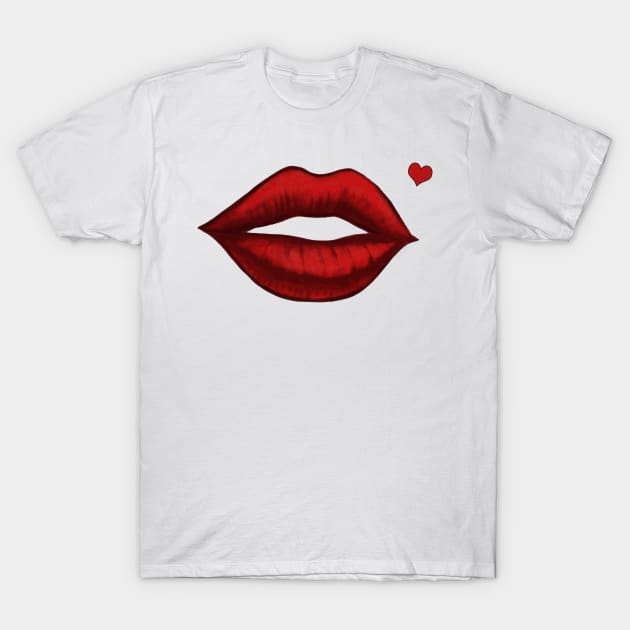 Red Kissing Lips With Heart Shaped Beauty Mark T-Shirt by ckandrus